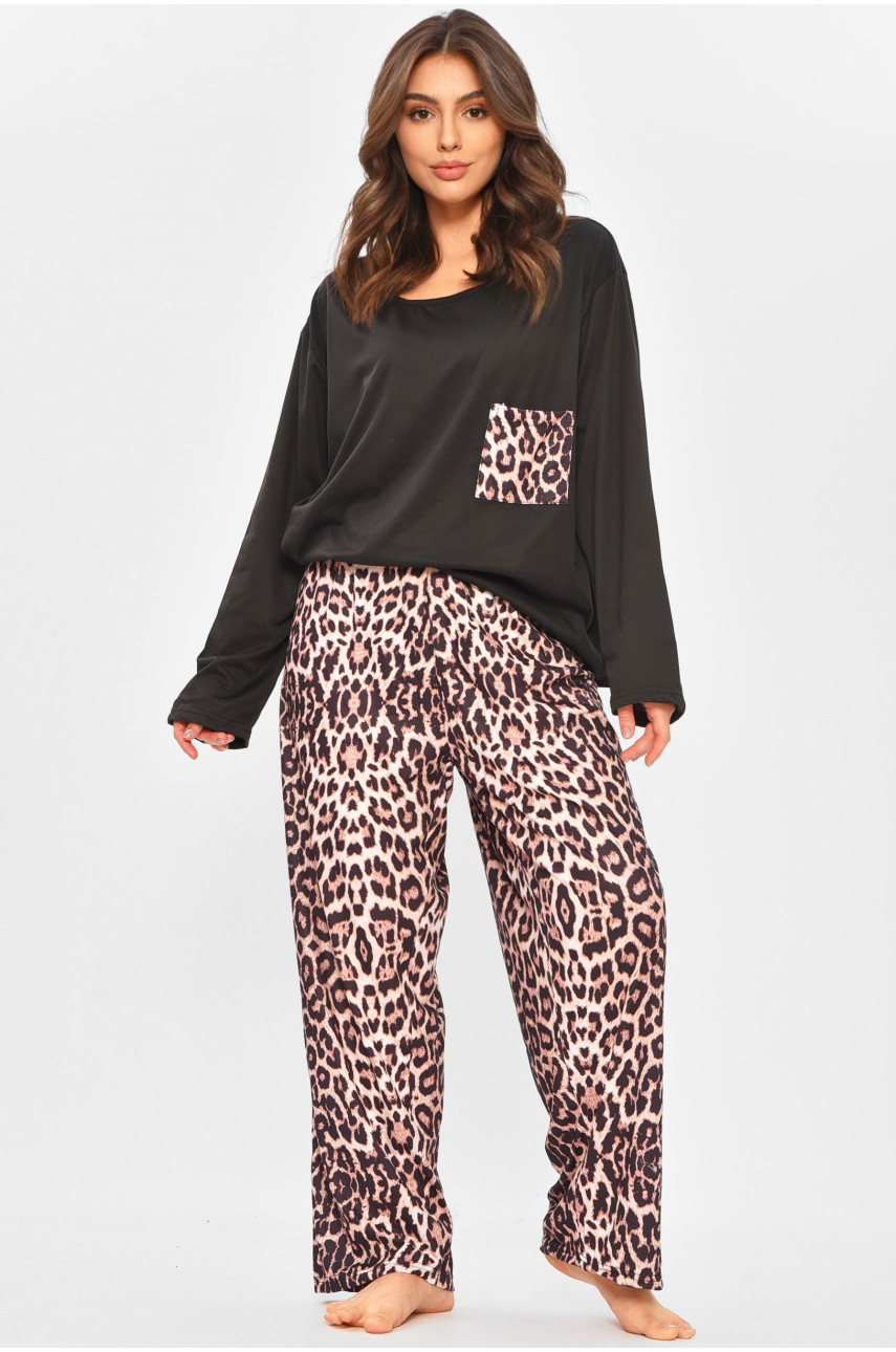 Пижама женская полубатальная черного цвета с принтом 500048 207414