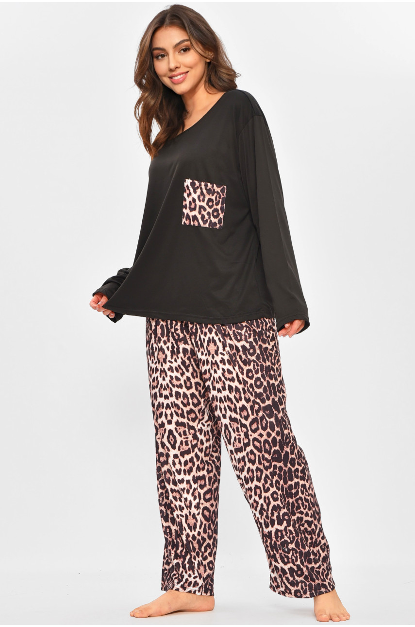 Пижама женская полубатальная черного цвета с принтом 500048 207414