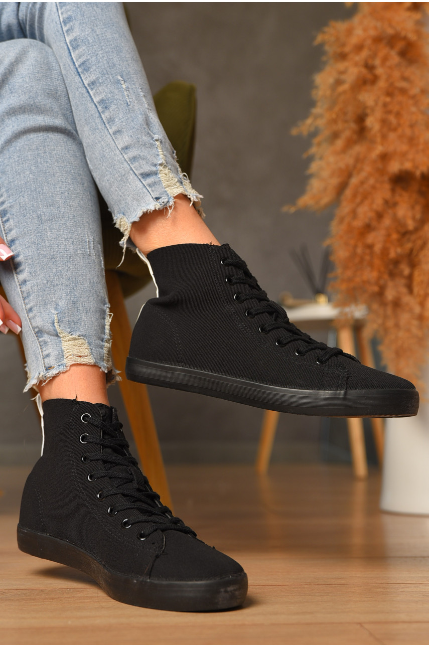 Кеды женские высокие черного цвета на шнуровке в16-55 207575
