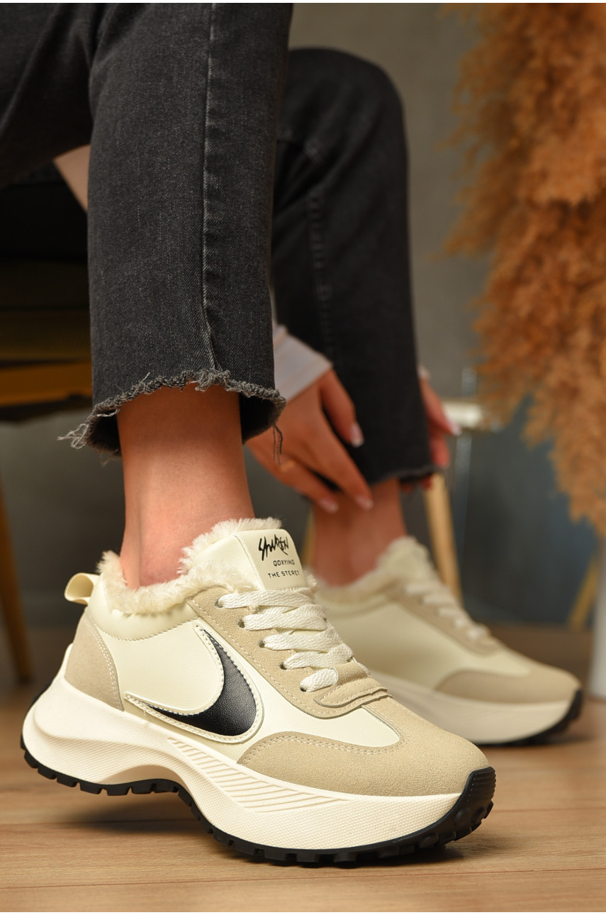 Кроссовки женские зимние бежевого цвета на шнуровке х556-3 207626