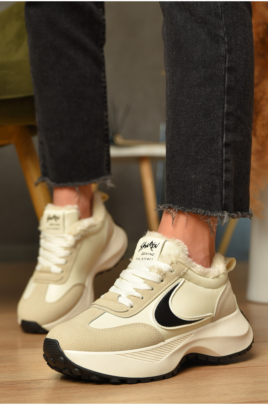 Кроссовки женские зимние бежевого цвета на шнуровке х556-3 207626