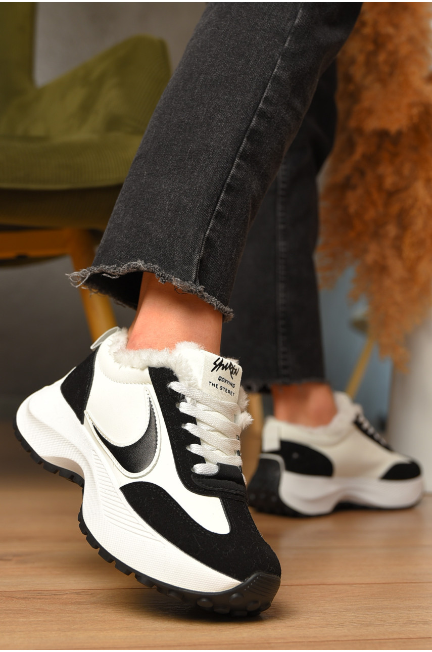 Кроссовки женские зимние черно-белого цвета на шнуровке х556-1 207627