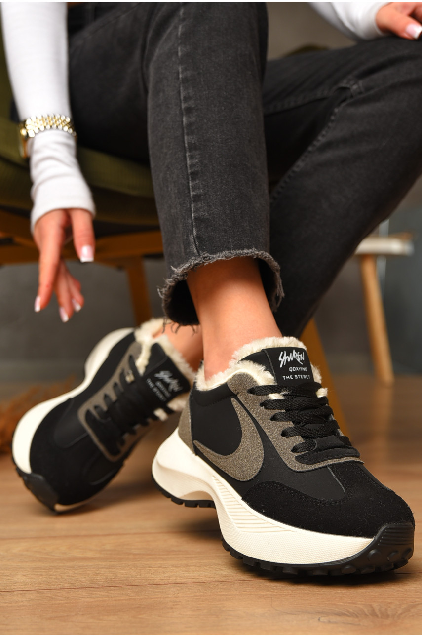 Кроссовки женские зимние черного цвета на шнуровке х556-6 207628