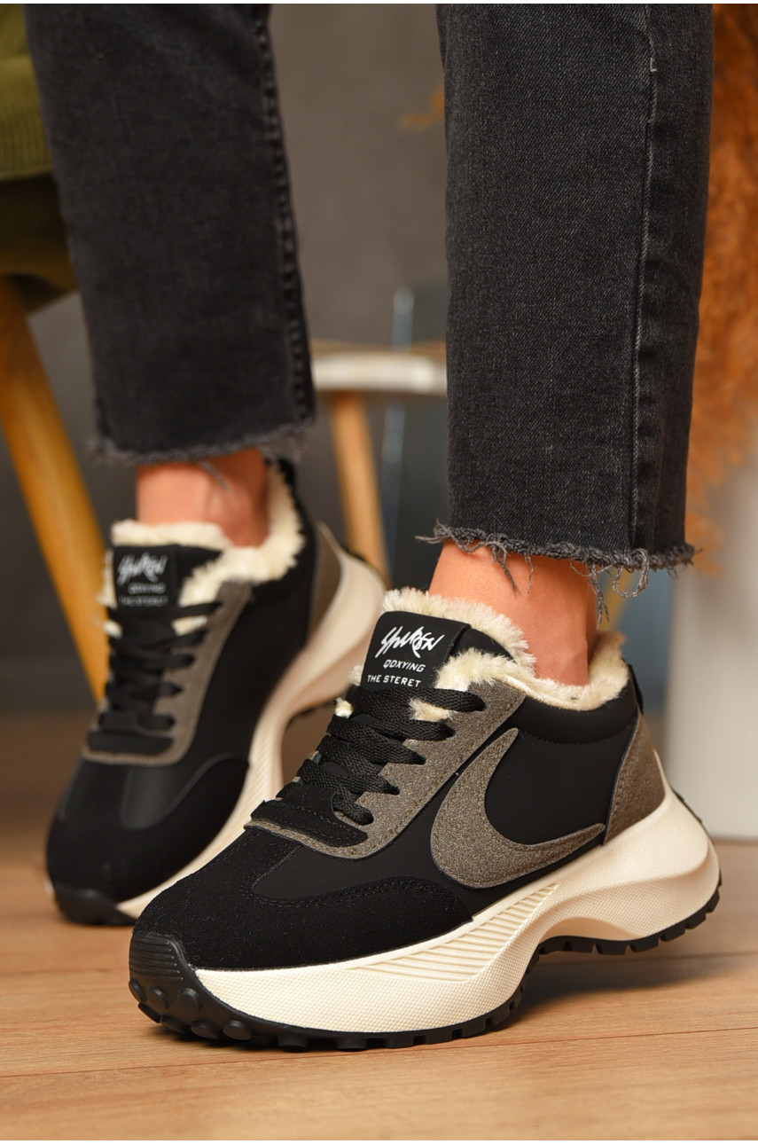 Кроссовки женские зимние черного цвета на шнуровке х556-6 207628