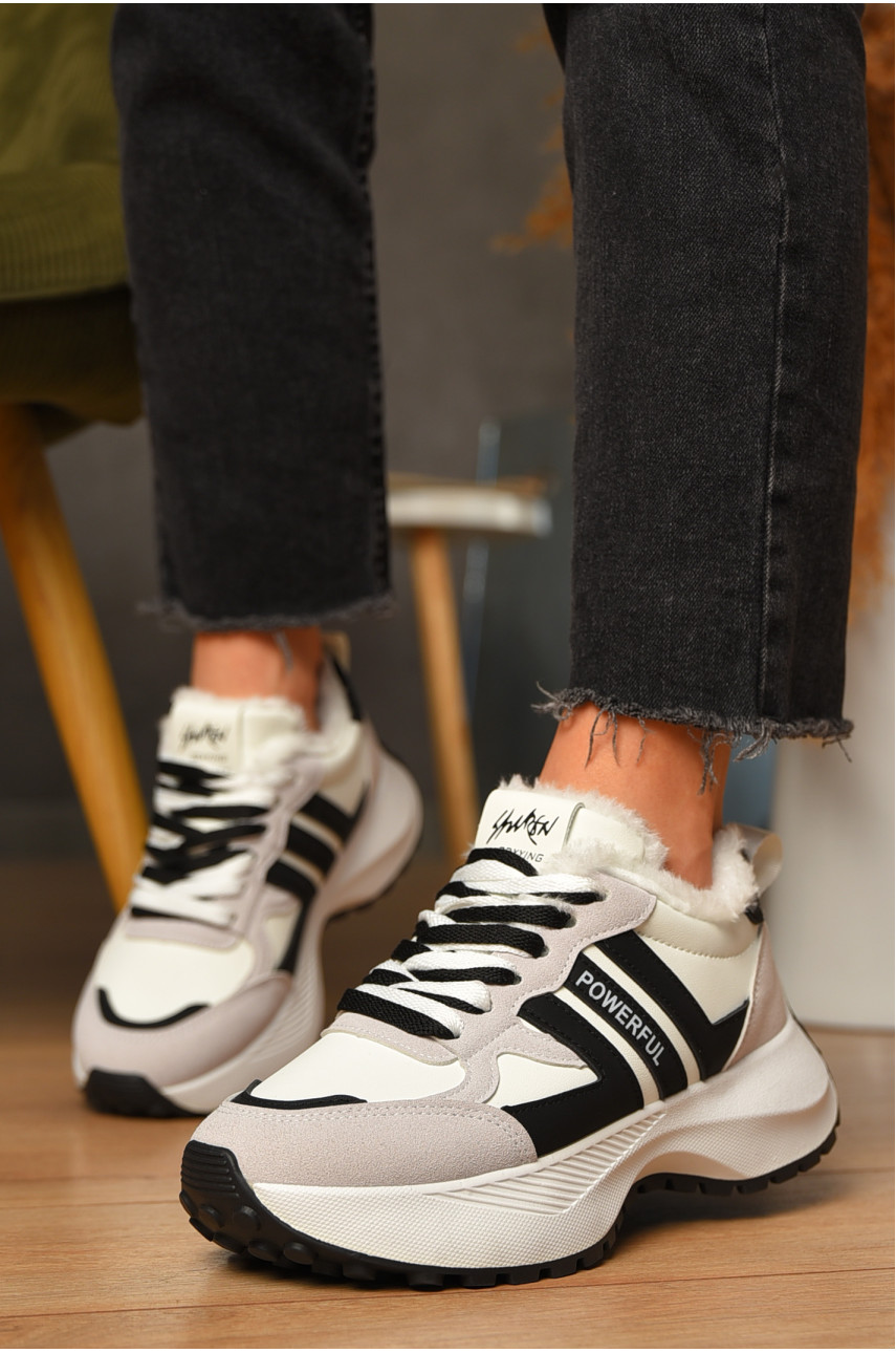 Кроссовки женские зимние черно-белого цвета на шнуровке х558-2 207630