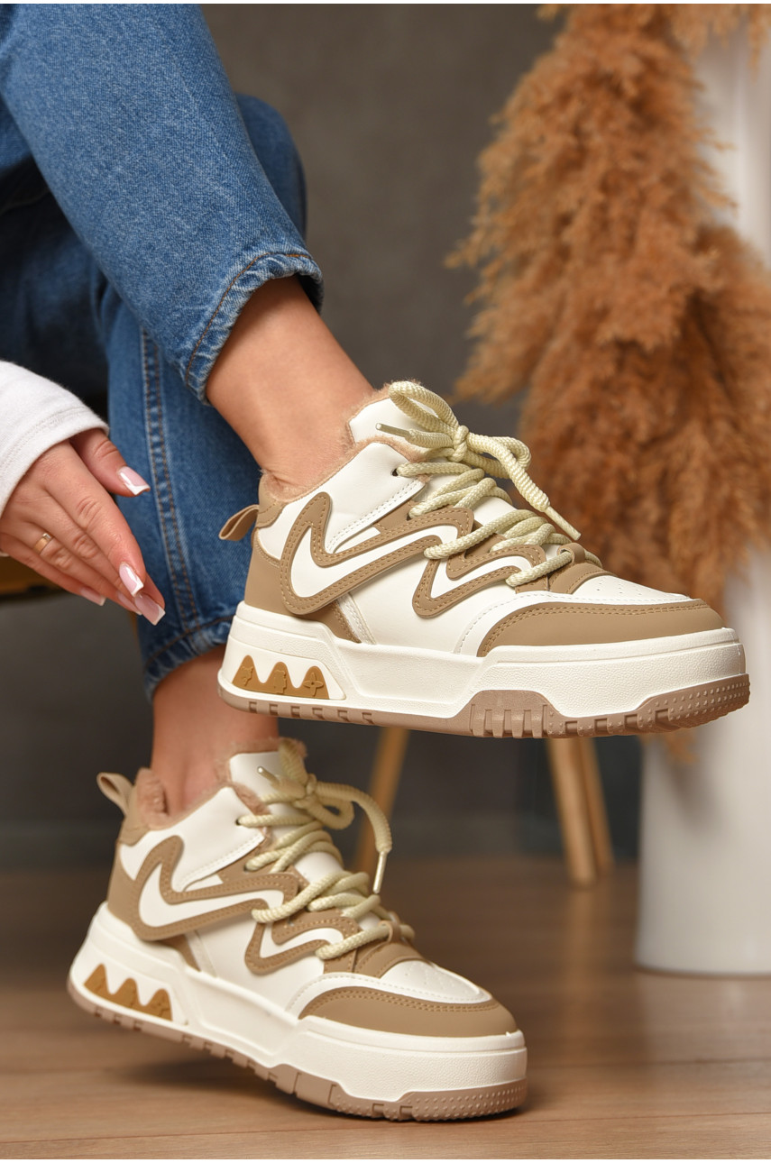 Кроссовки женские бело-бежевого цвета на меху К906-1 207640