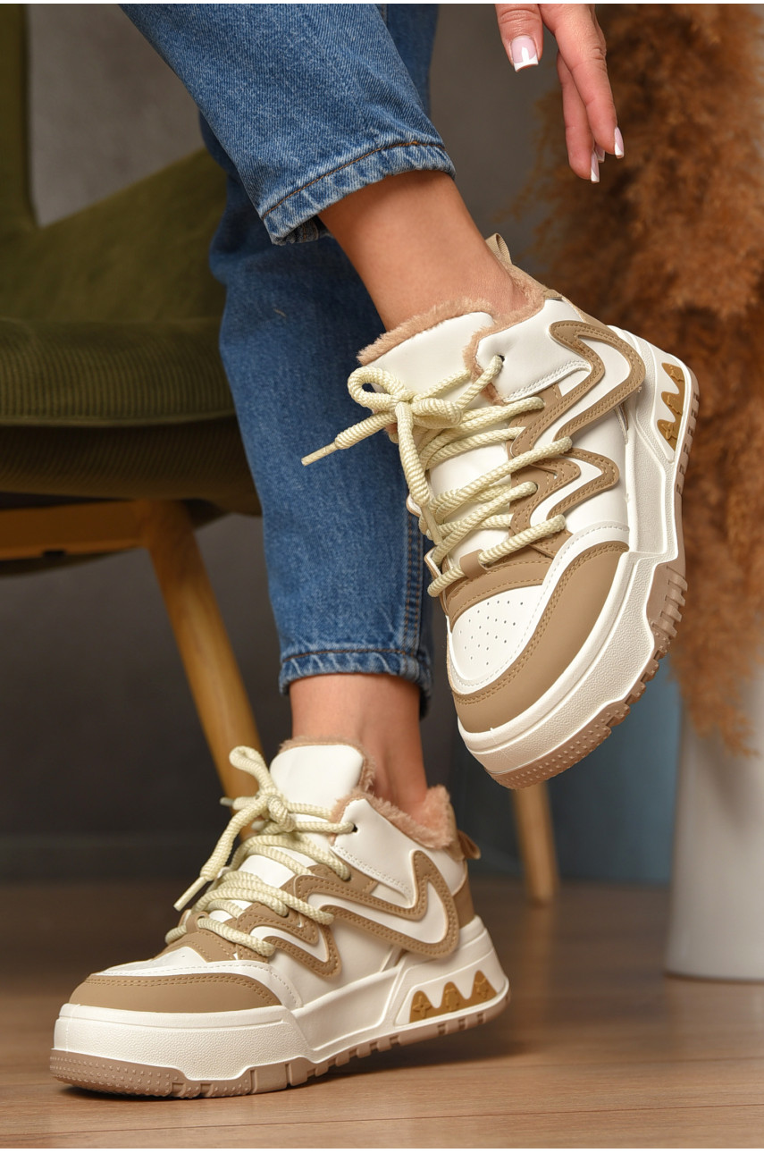Кроссовки женские бело-бежевого цвета на меху К906-1 207640