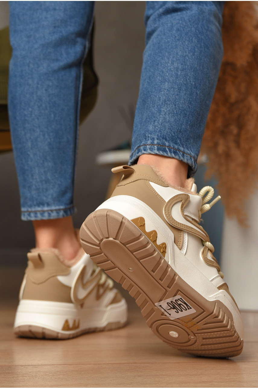 Кроссовки женские бело-бежевого цвета на меху К906-1 207640