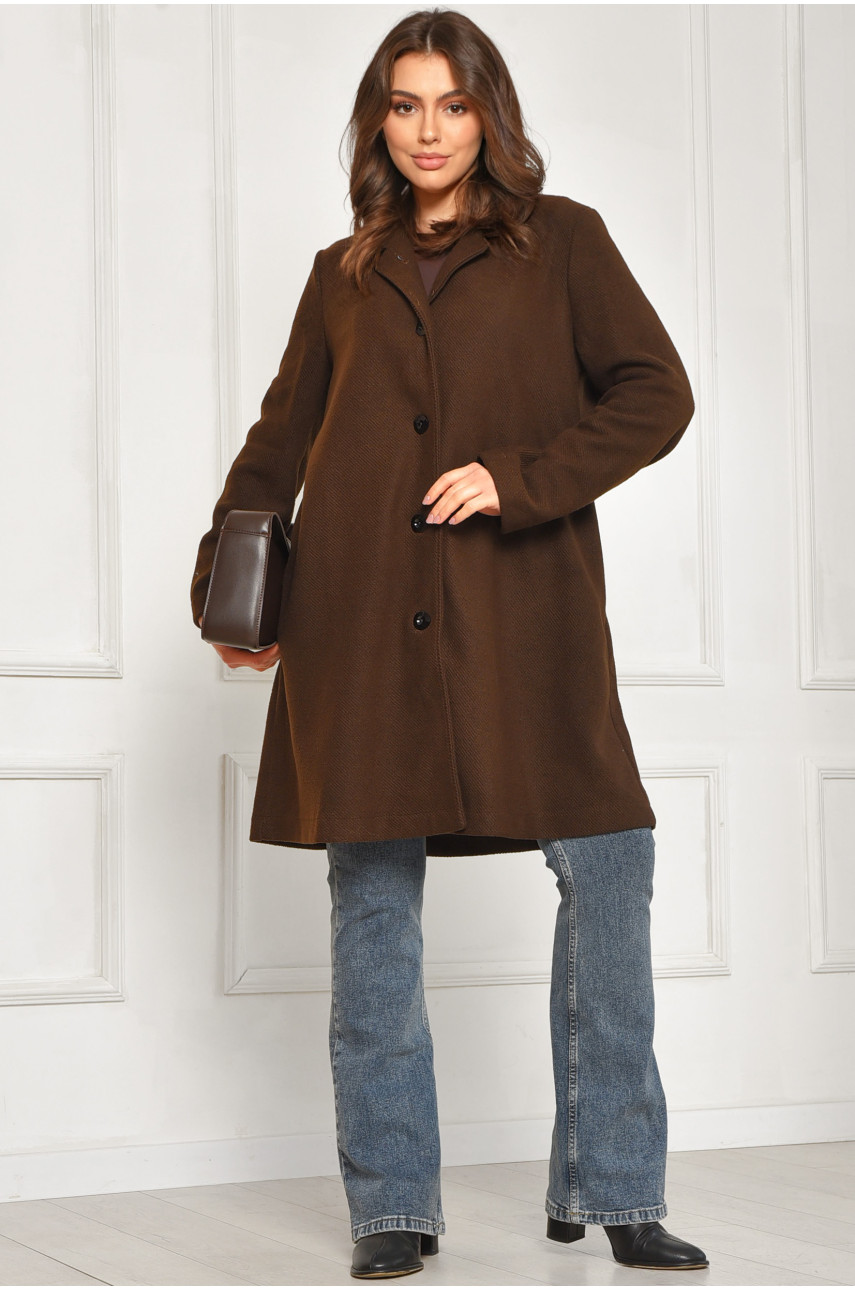 Пальто женское демисезонное батальное тёмно-коричневого цвета 8397 207789