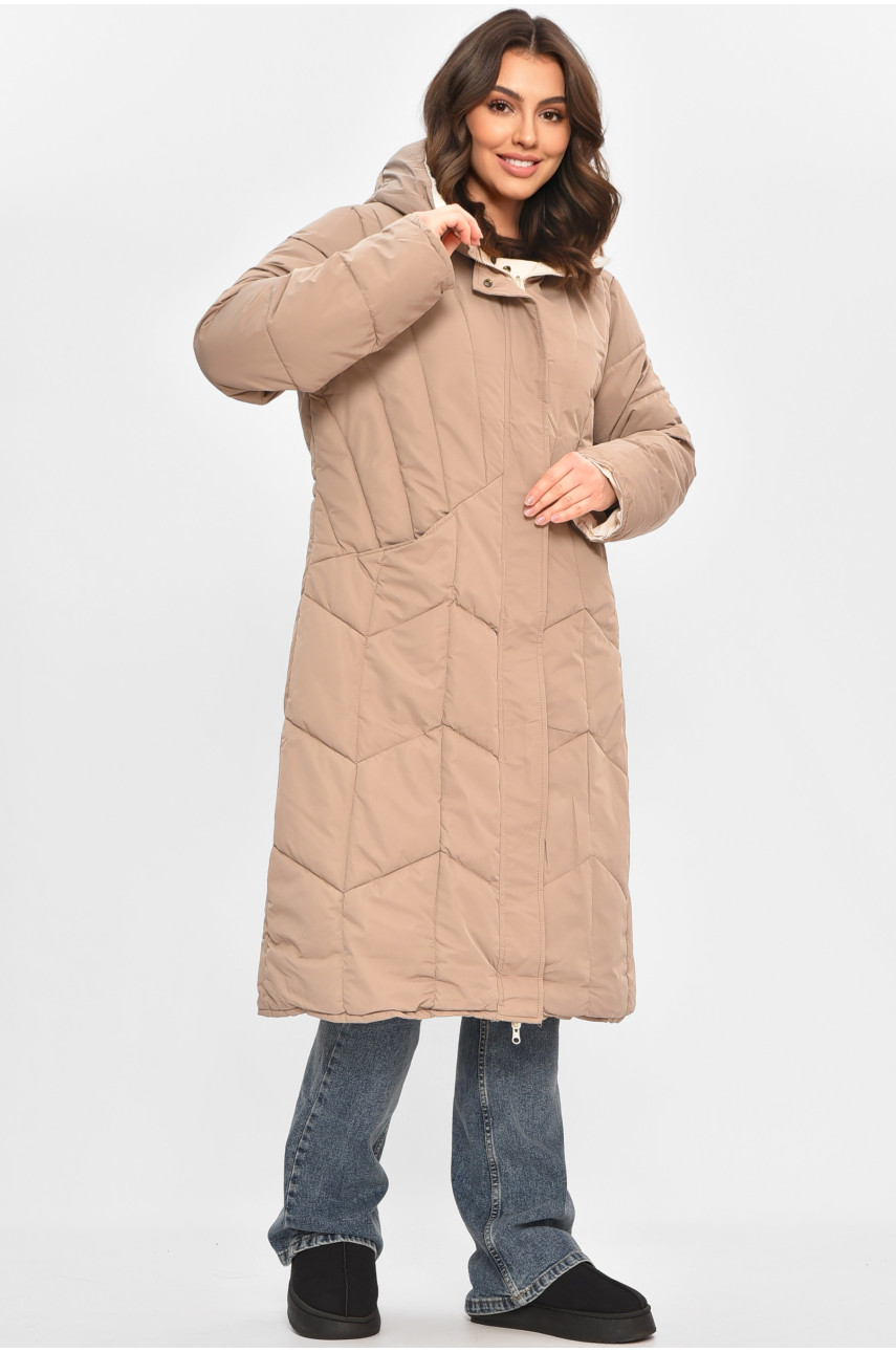 Куртка женская удлиненная зимняя тёмно-бежевого цвета 24115 208039