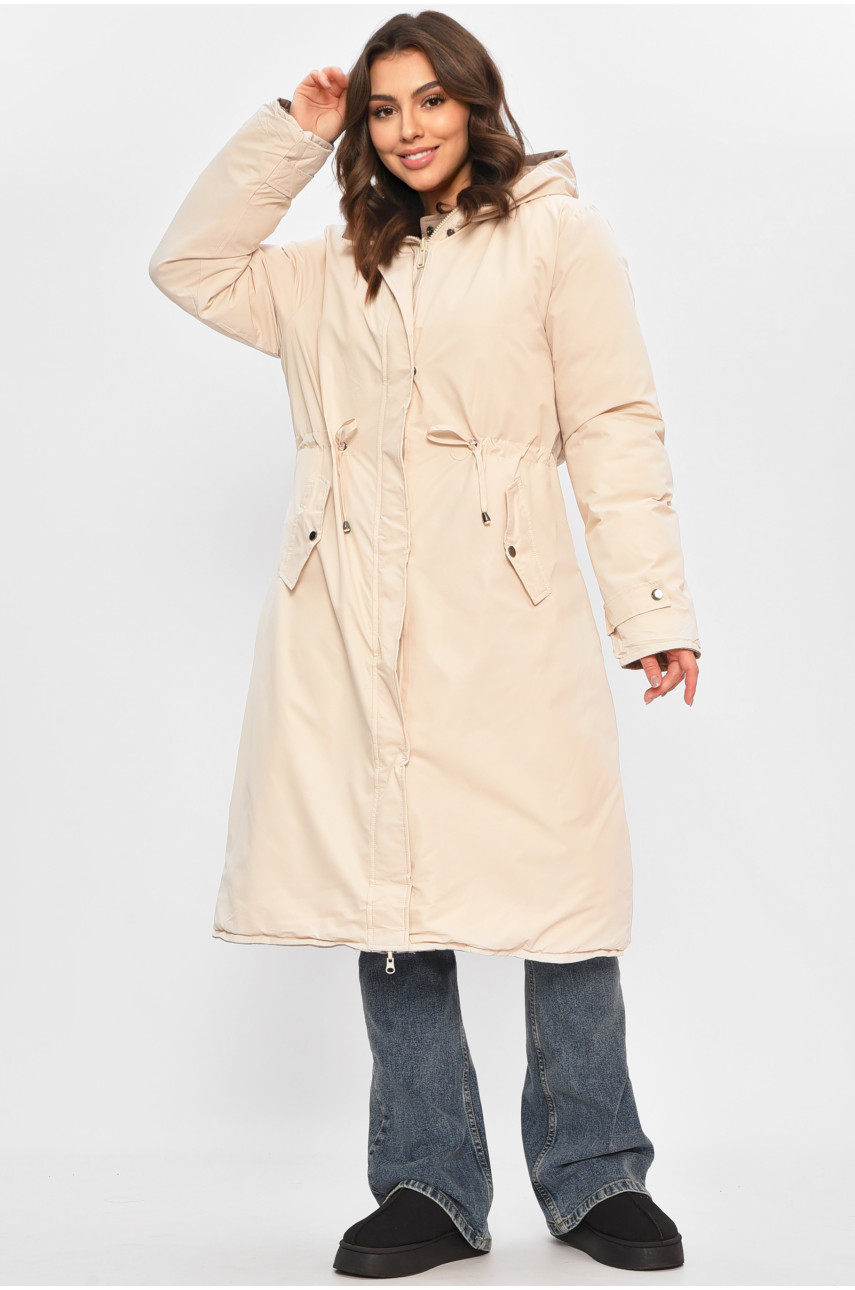 Куртка женская удлиненная зимняя тёмно-бежевого цвета 24115 208039