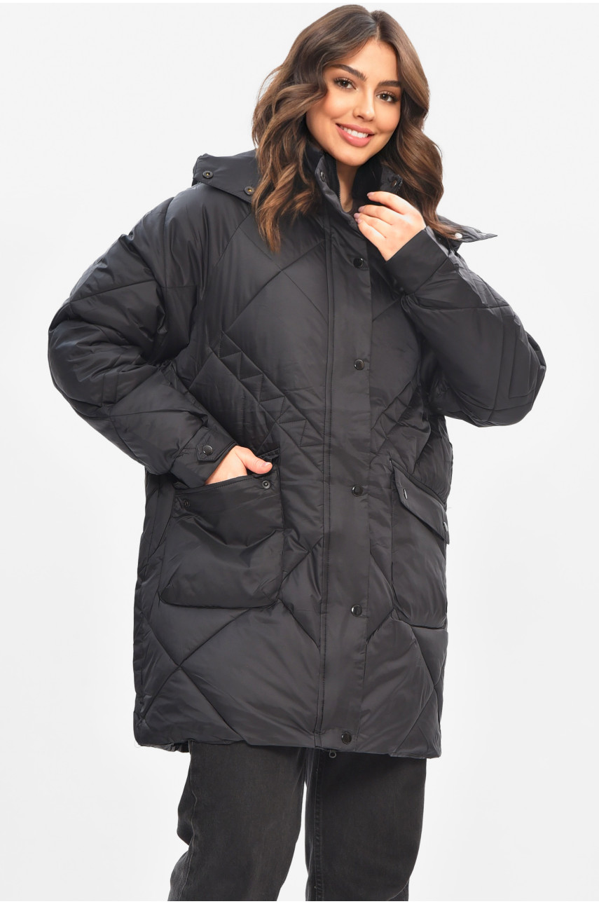 Куртка женская демисезонная полубатальная черного цвета 2022-50 208199