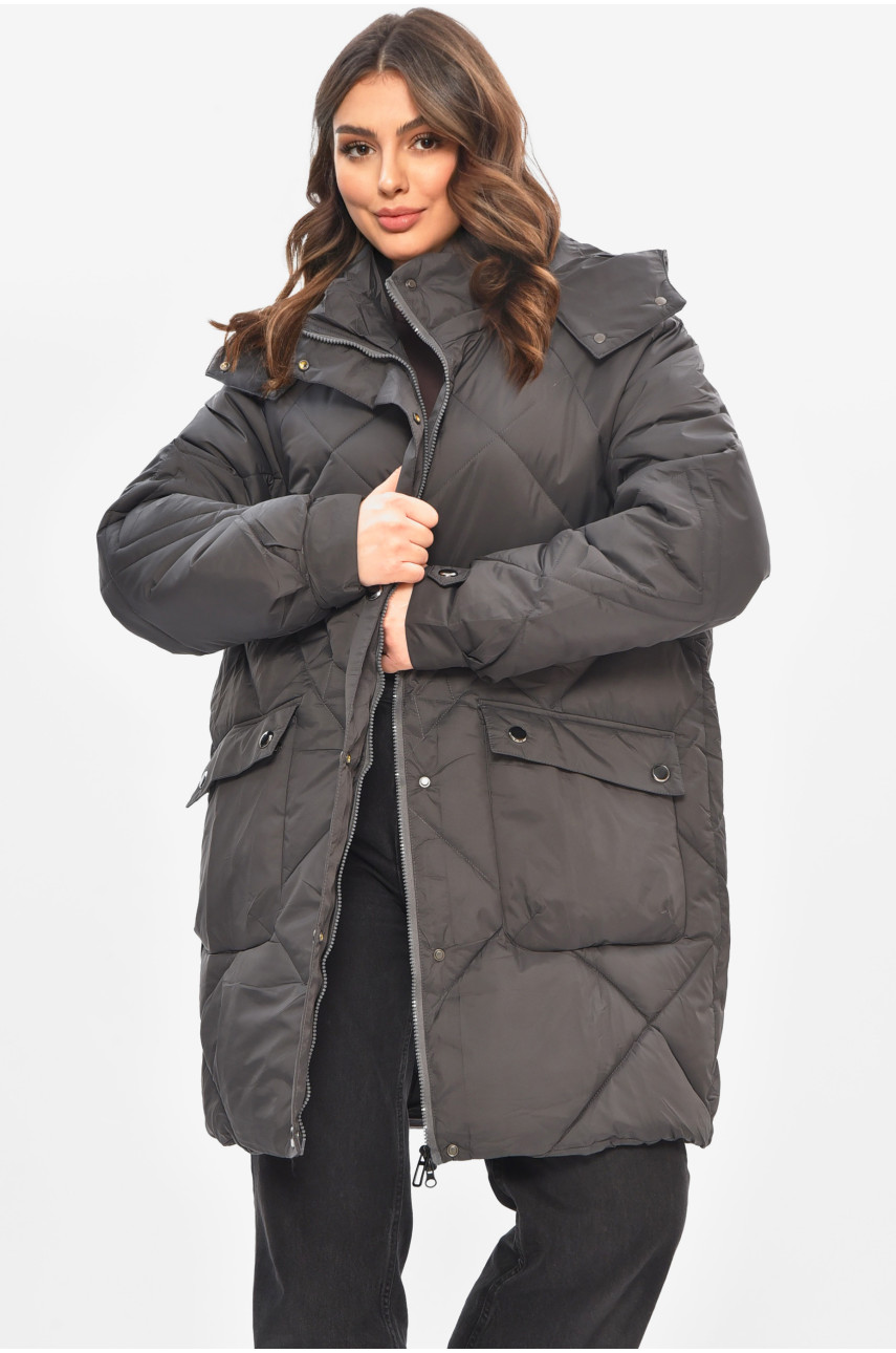 Куртка женская демисезонная полубатальная тёмно-серого цвета 2022-50 208201