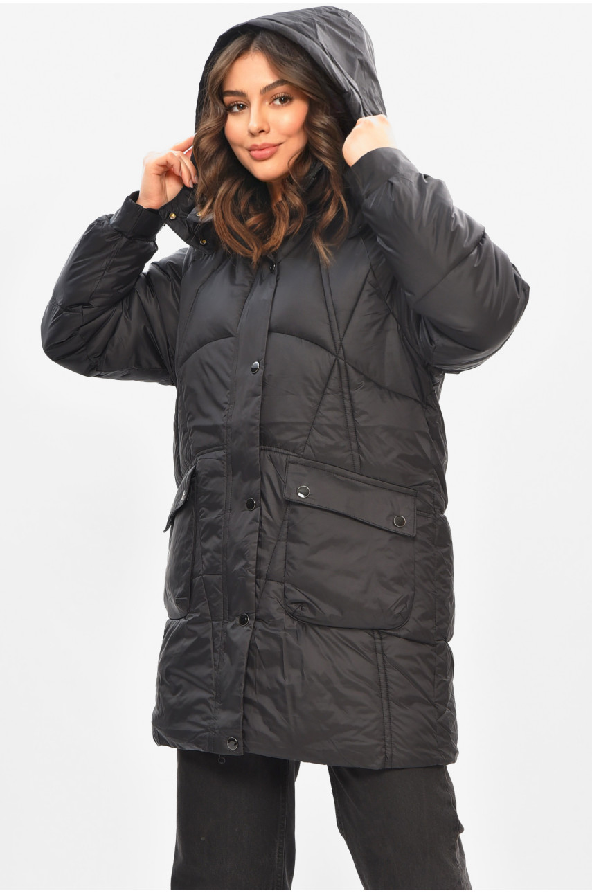 Куртка женская демисезонная полубатальная черного цвета 22-51 208203