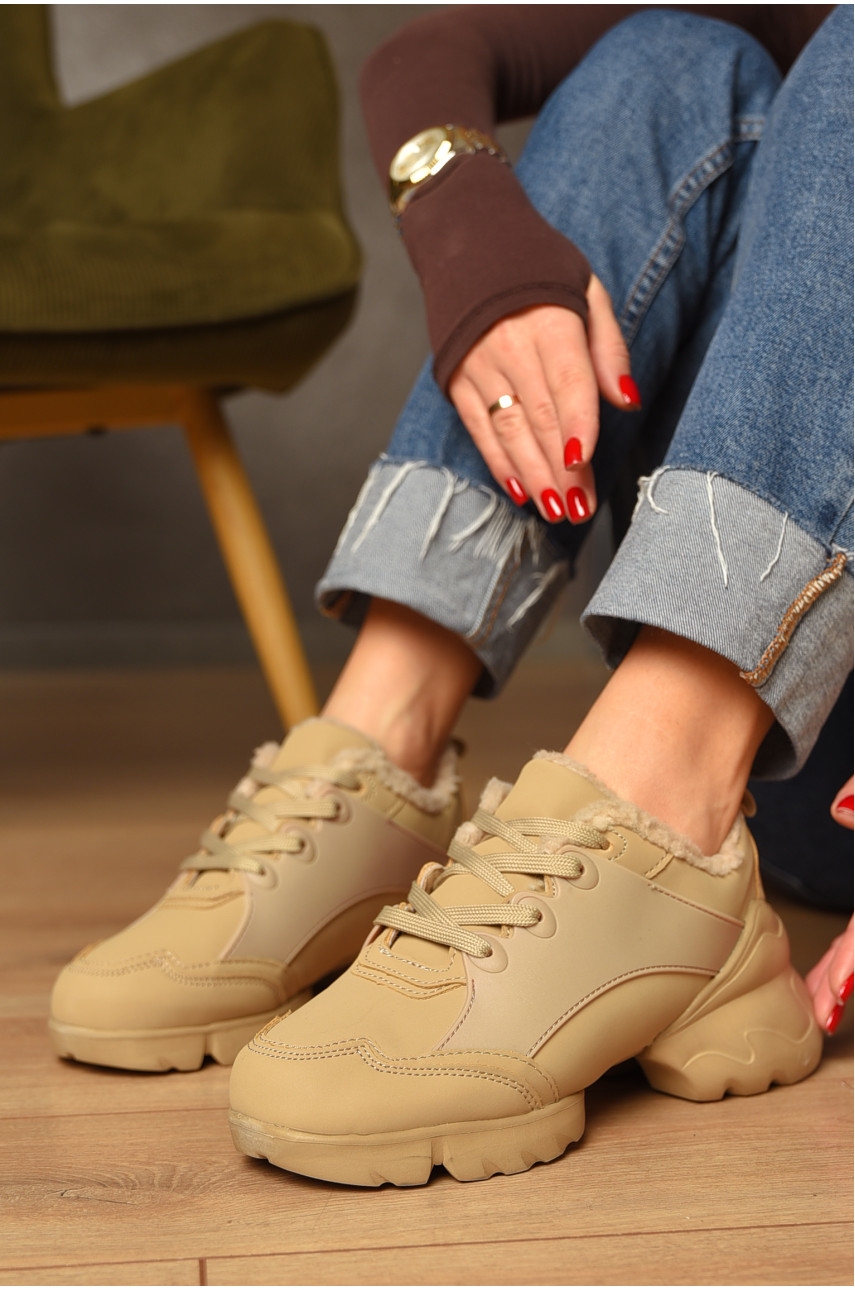 Кроссовки женские зима бежевого цвета на меху 169-2 208239