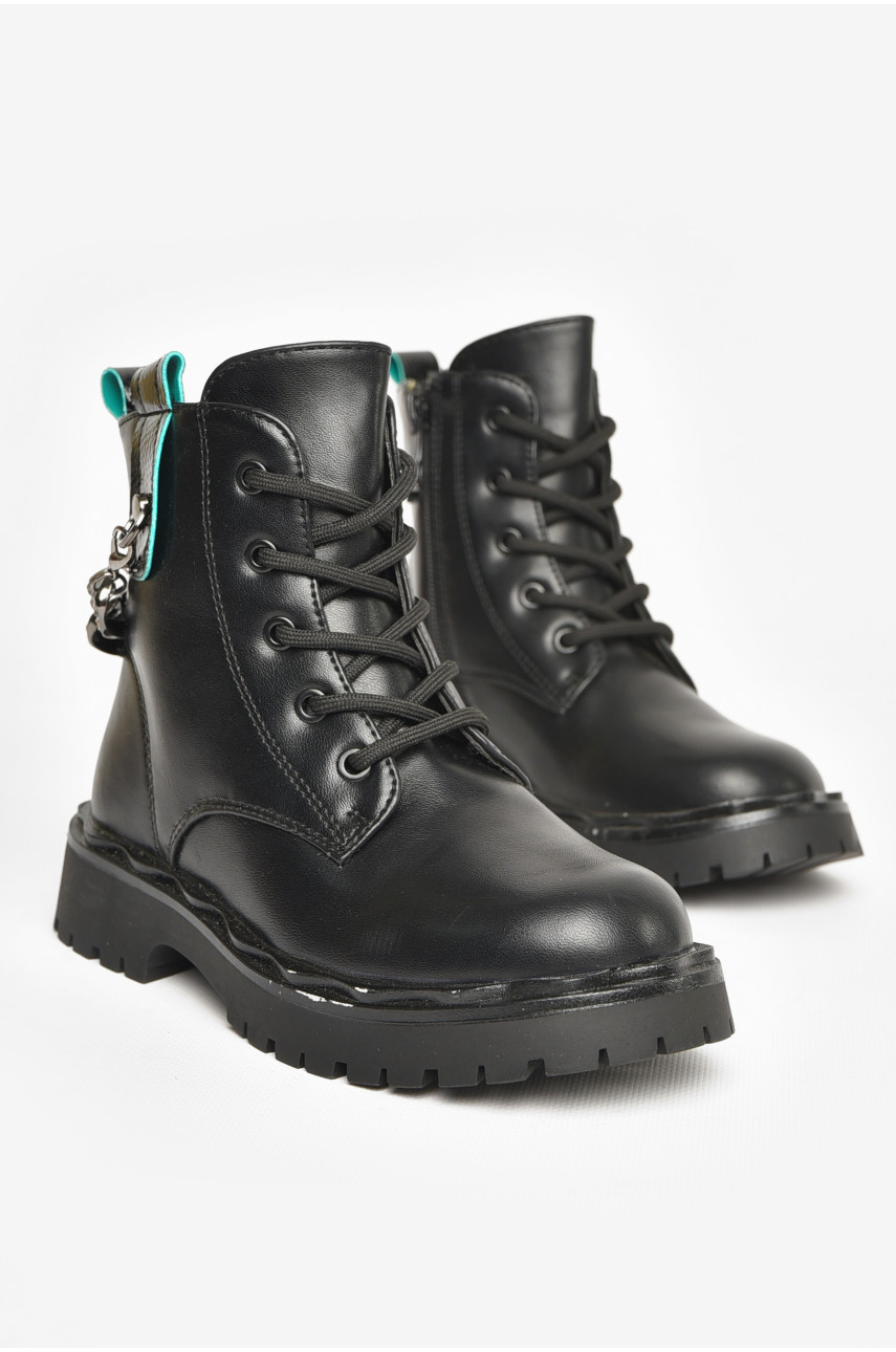 Ботинки детские для девочки черного цвета зимние 2101В(зелена полоска) 208345