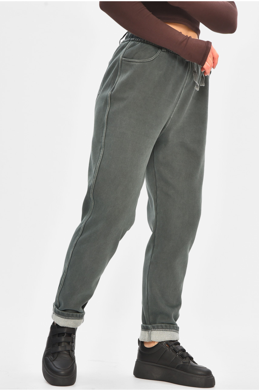 Джинсы женские однотонные на флисе тёмно-зеленого цвета А4112-1 208379