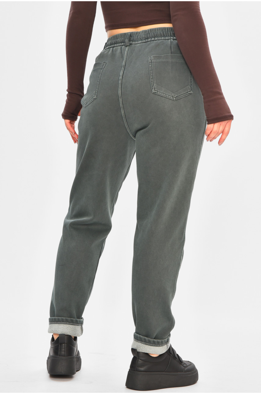 Джинсы женские однотонные на флисе тёмно-зеленого цвета А4112-1 208379