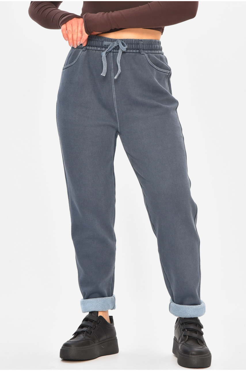 Джинсы женские однотонные на флисе синего цвета А4112-1 208380