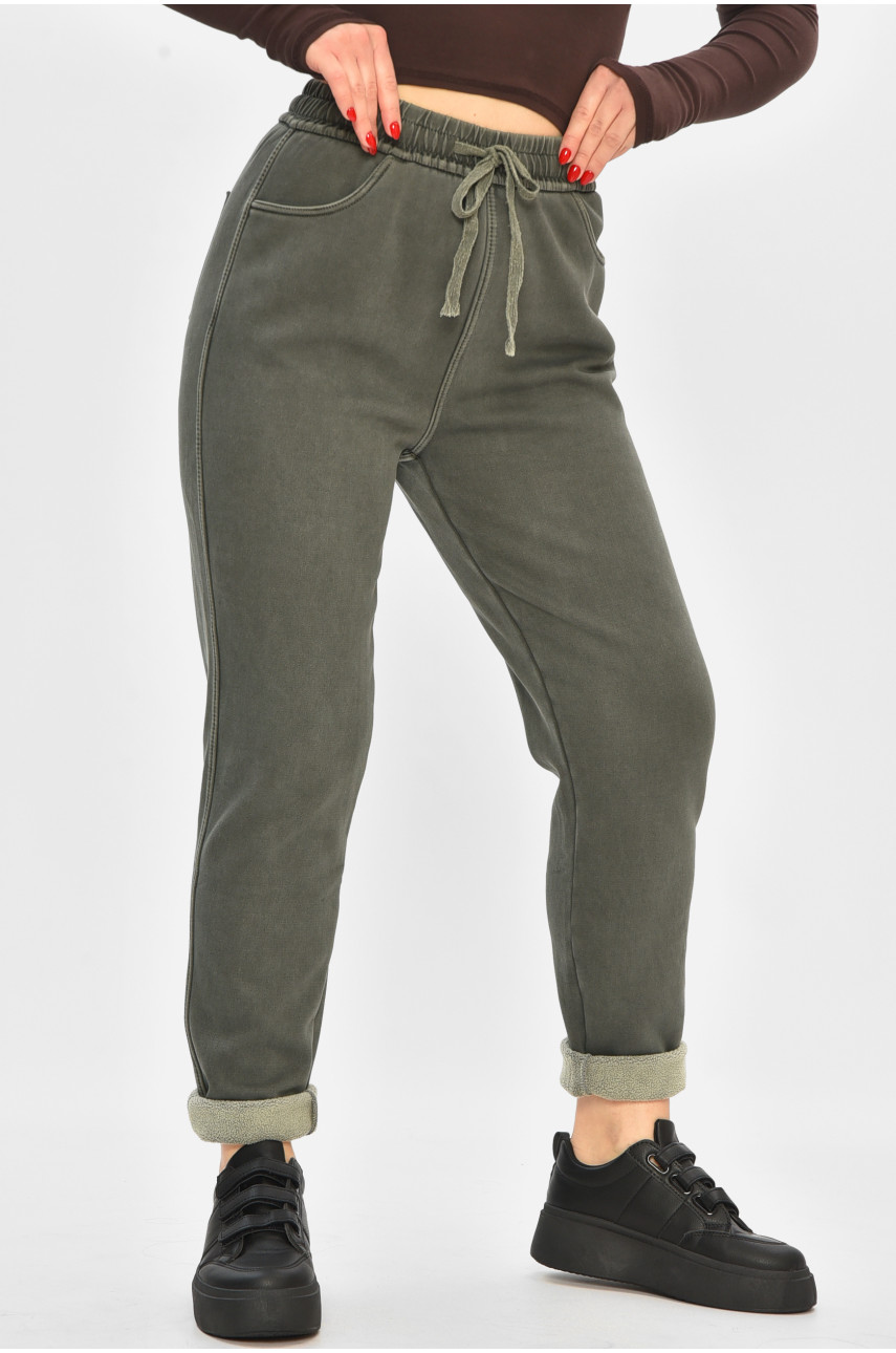 Штаны женские однотонные на флисе тёмно-зеленого цвета А4111-3 208396