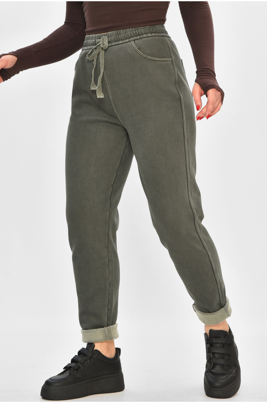 Штаны женские однотонные на флисе тёмно-зеленого цвета А4111-3 208396
