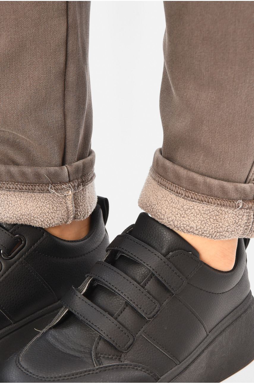 Штаны женские однотонные на флисе коричневого цвета А4111-3 208397