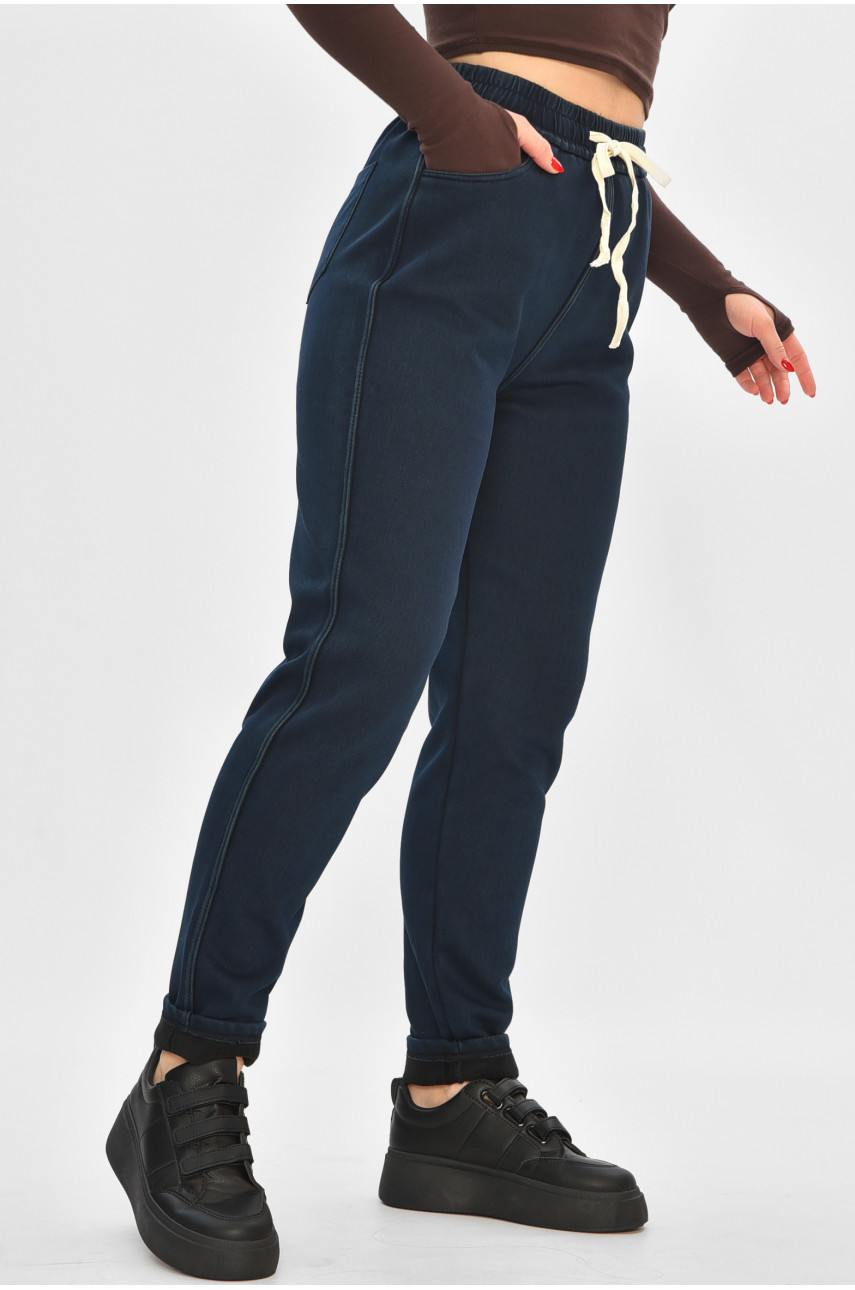 Штаны женские однотонные на флисе тёмно-синего цвета А4111-3 208399