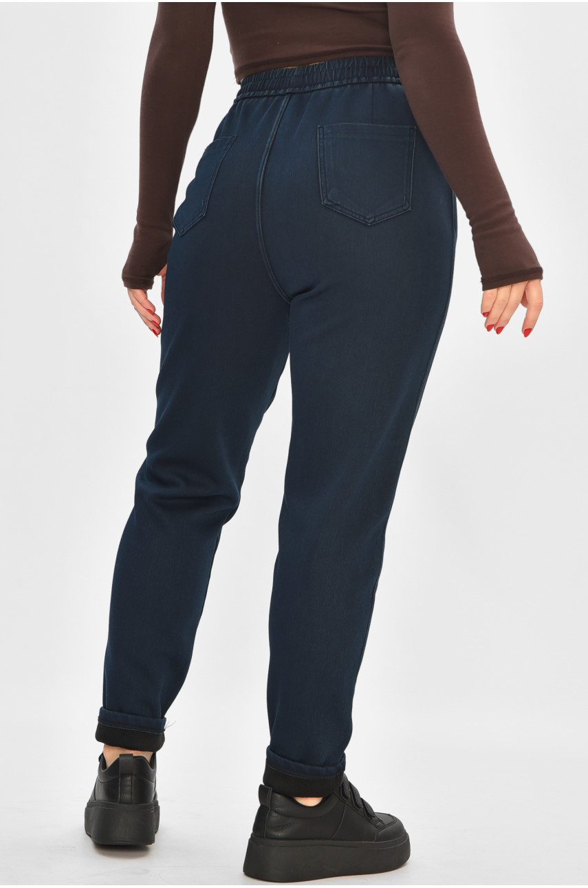 Штаны женские однотонные на флисе тёмно-синего цвета А4111-3 208399
