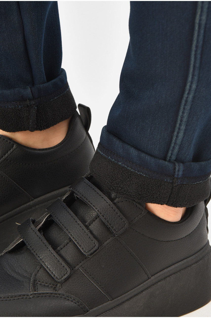 Штаны женские однотонные на флисе тёмно-синего цвета А4111-3 208399