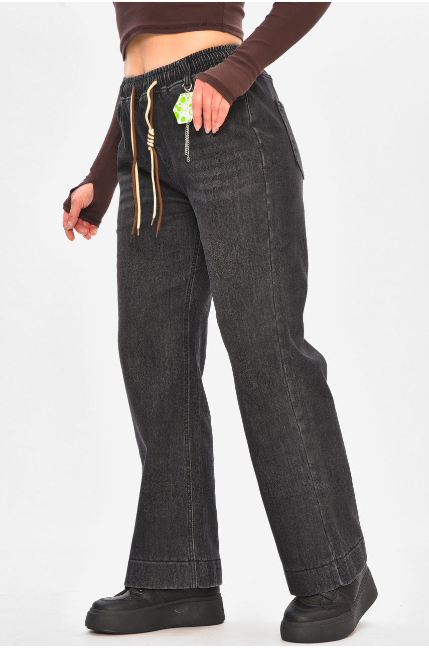 Джинсы женские на искусственном меху черного цвета 976-1А 208414