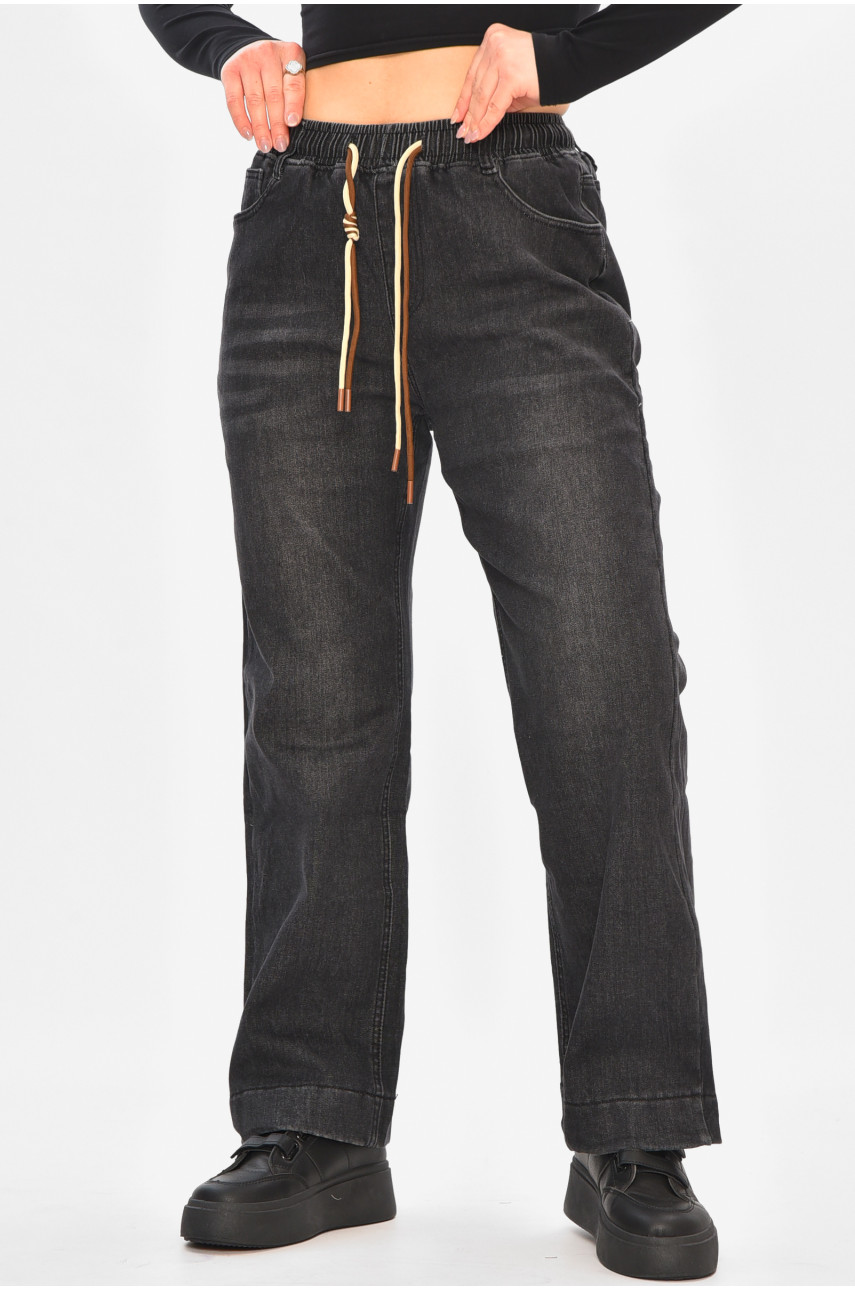 Джинсы женские на искусственном меху черного цвета 976-2А 208415