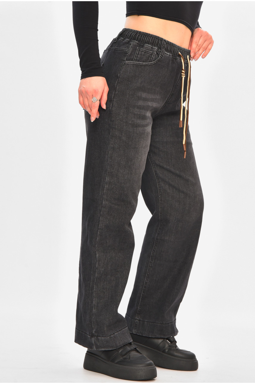 Джинсы женские на искусственном меху черного цвета 976-2А 208415