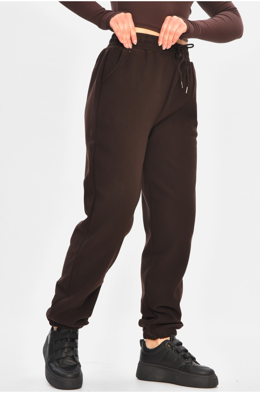 Спортивные штаны женские на флисе тёмно-коричневого цвета А2109-2 208421