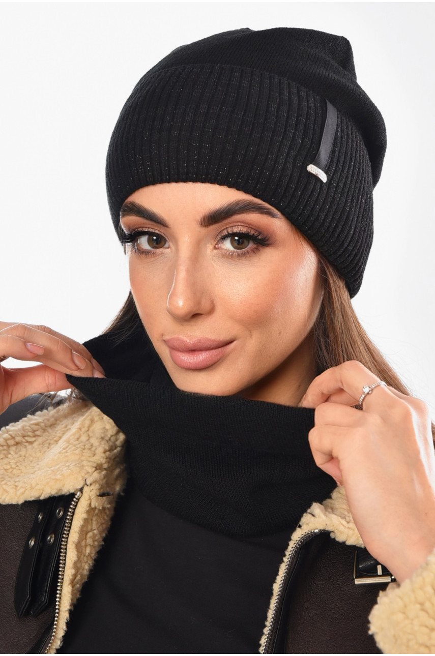 Шапка женская + хомут на флисе черного цвета 208477