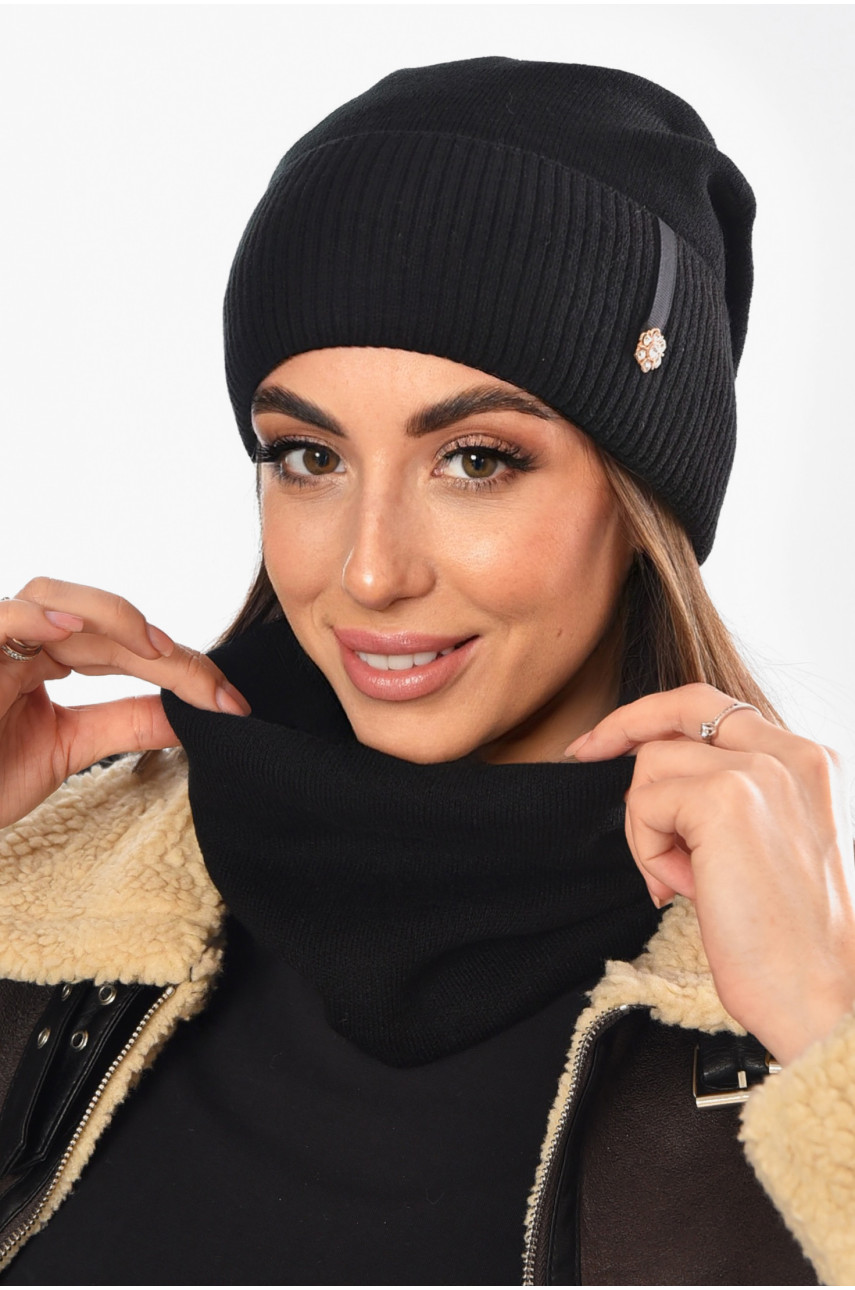 Шапка женская + хомут на флисе черного цвета 208478