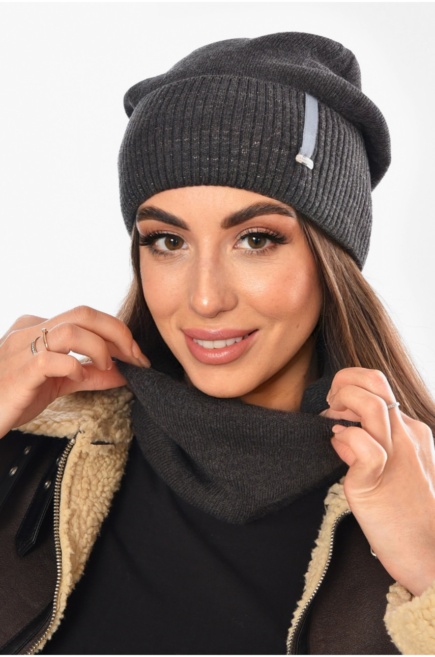 Шапка женская + хомут на флисе серого цвета 208479