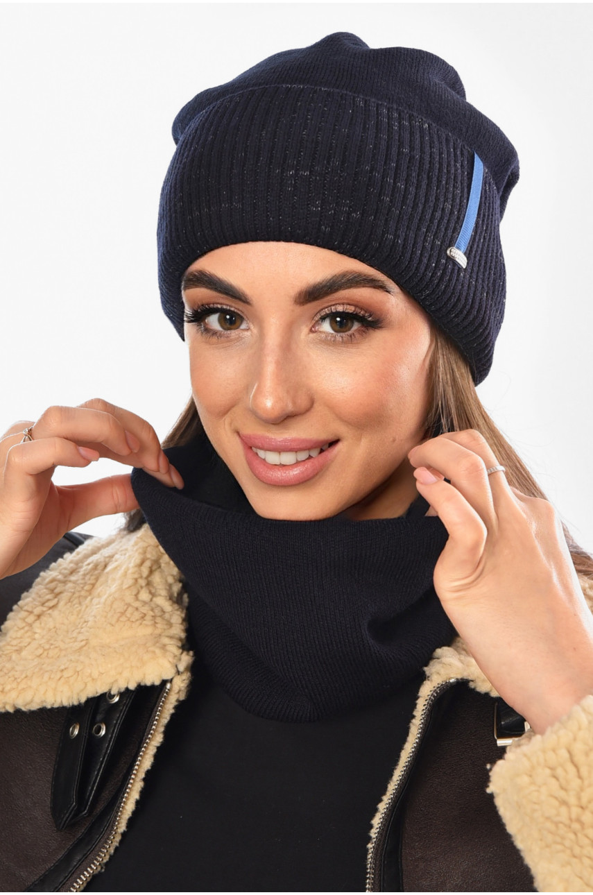 Шапка женская + хомут на флисе темно-синего цвета 208480