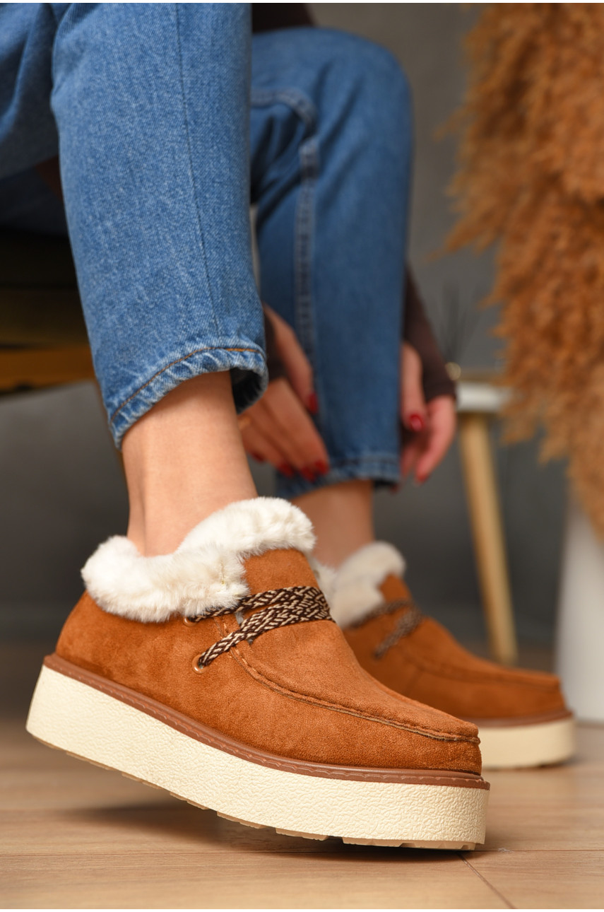 Лоферы женские на меху светло-коричневого цвета М203-2 208571