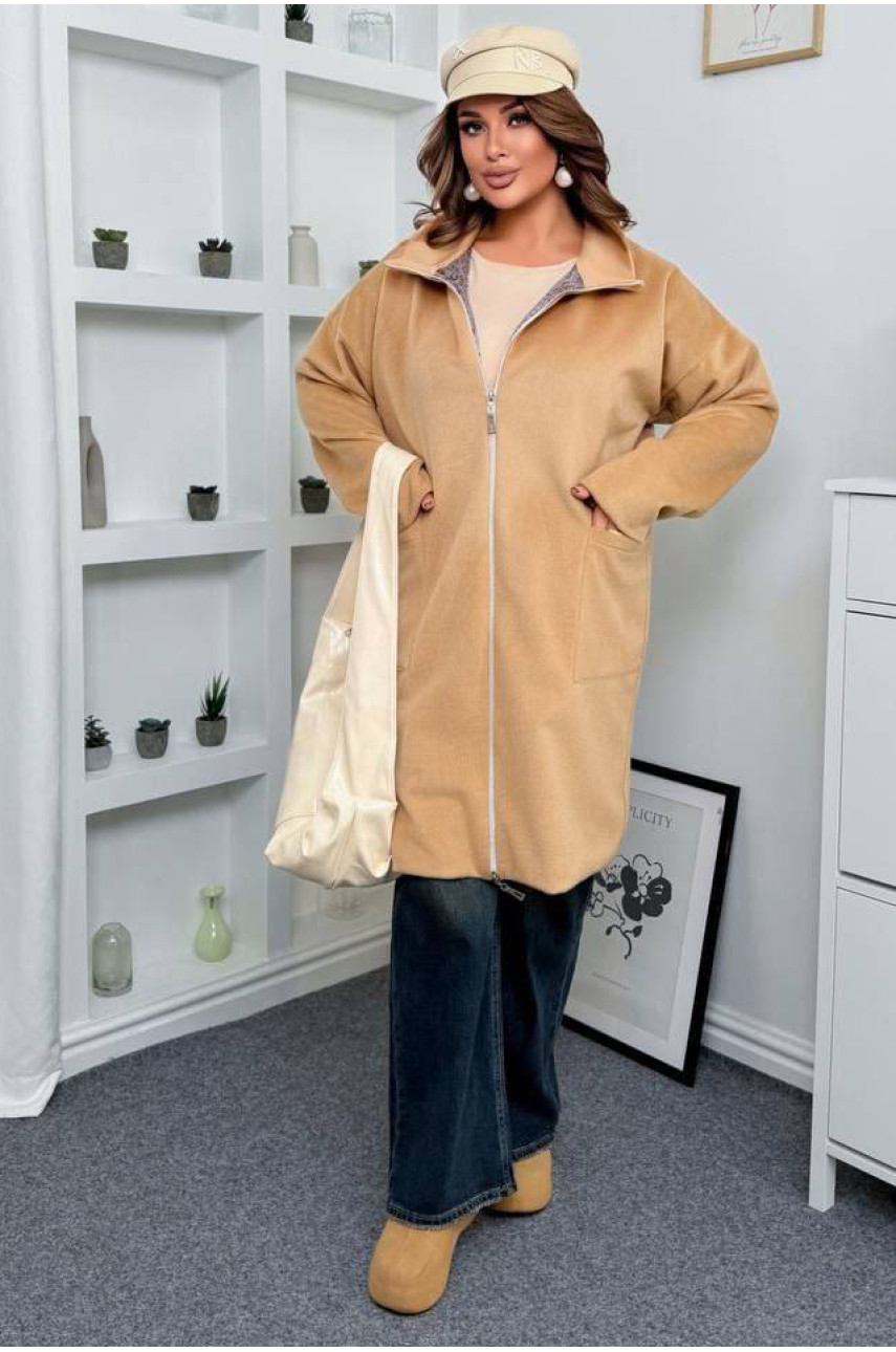 Пальто женское демисезонное полубатальное бежевого цвета 7857 208632