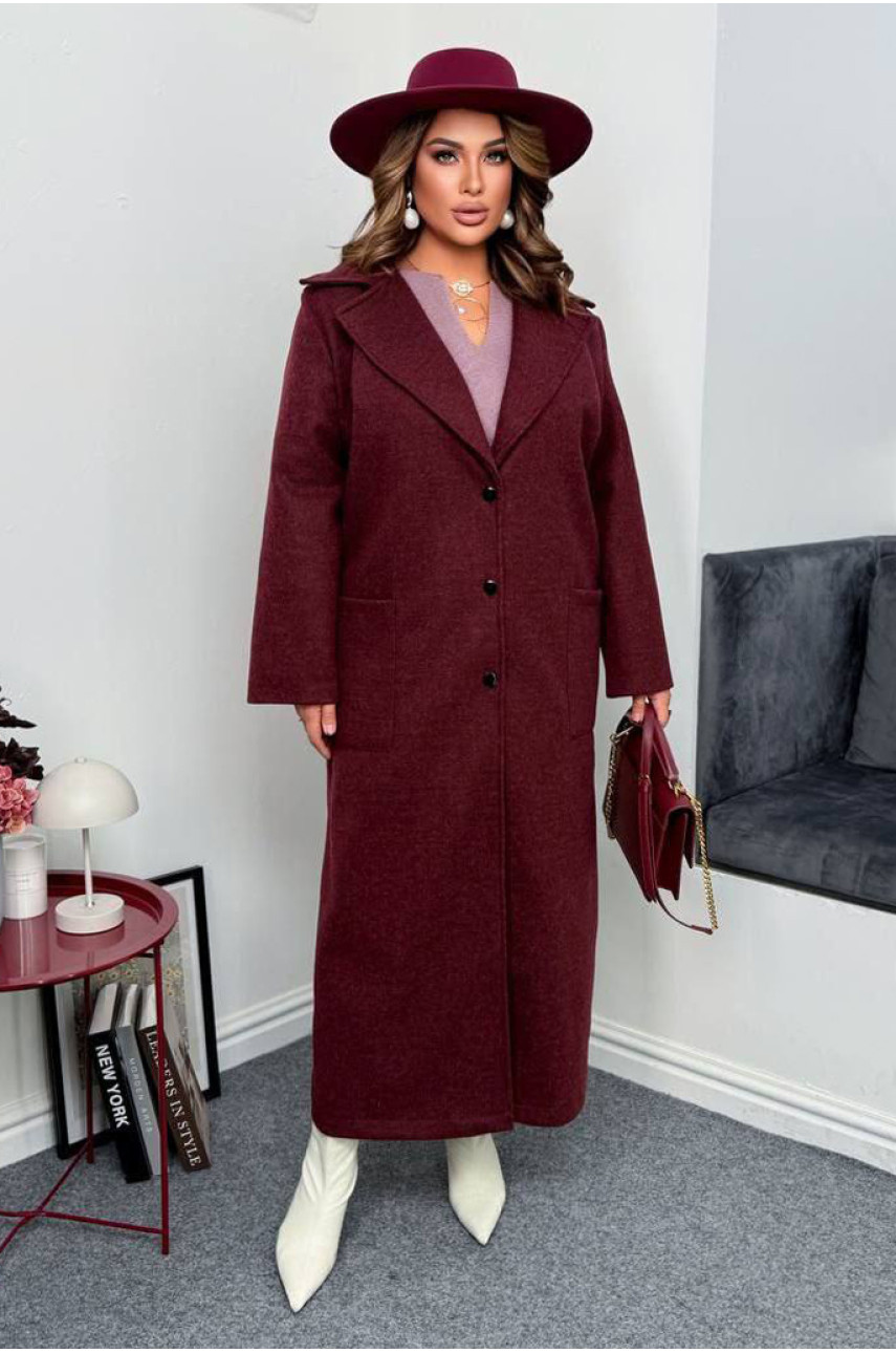 Пальто женское демисезонное полубатальное бордового цвета 7858 208635