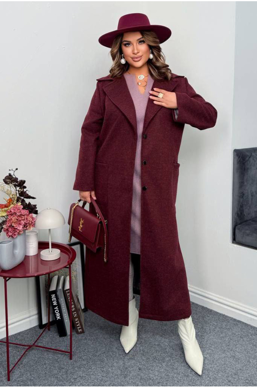 Пальто женское демисезонное полубатальное бордового цвета 7858 208635