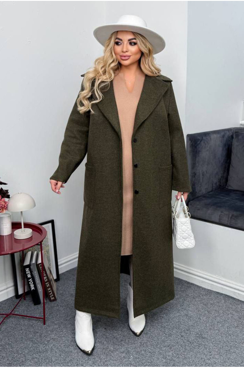 Пальто женское демисезонное полубатальное тёмно-зеленого цвета 7858 208638