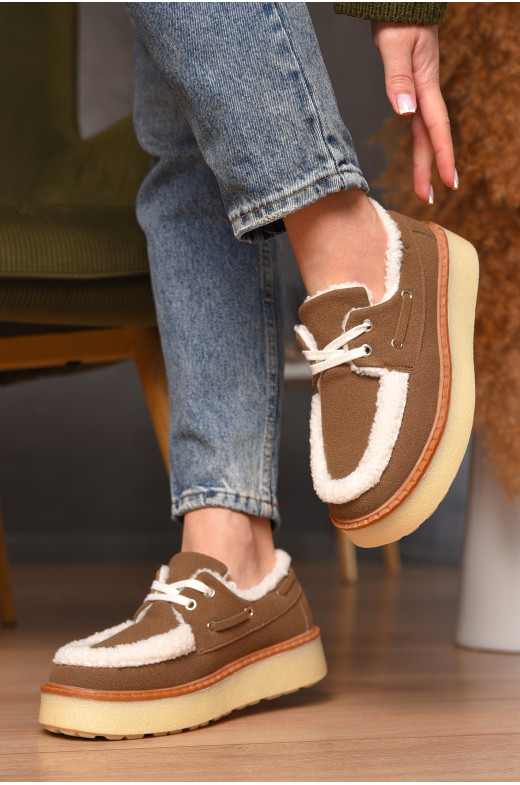 Лоферы женские на меху светло-бежевого цвета N101-4 209328