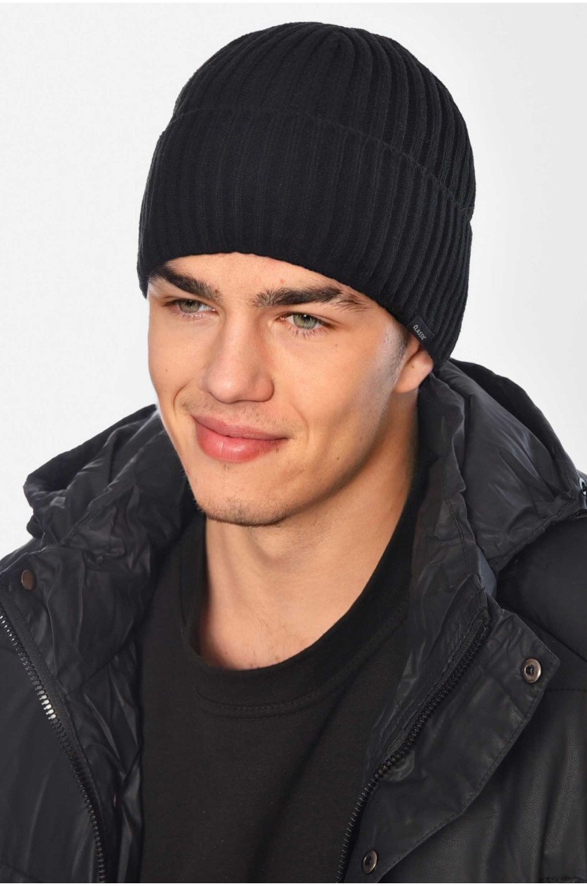 Шапка мужская с подворотом на флисе черного цвета 209363