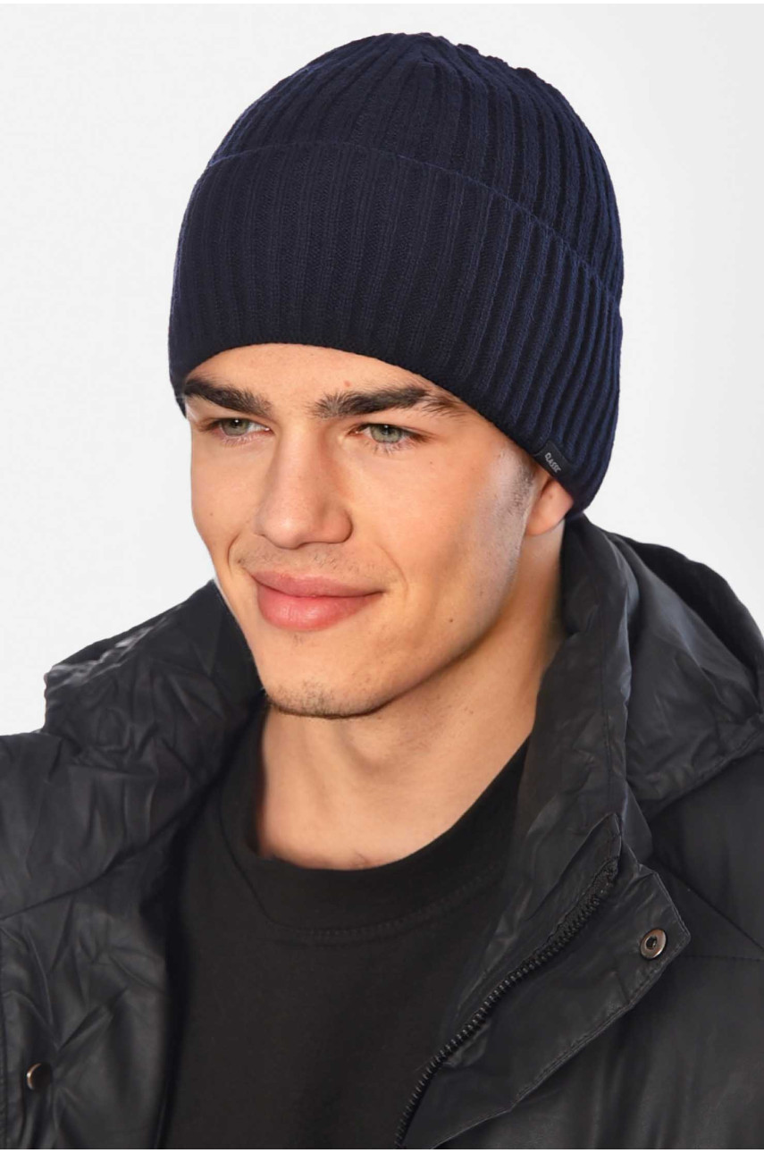 Шапка мужская с подворотом на флисе тёмно-синего цвета 209364