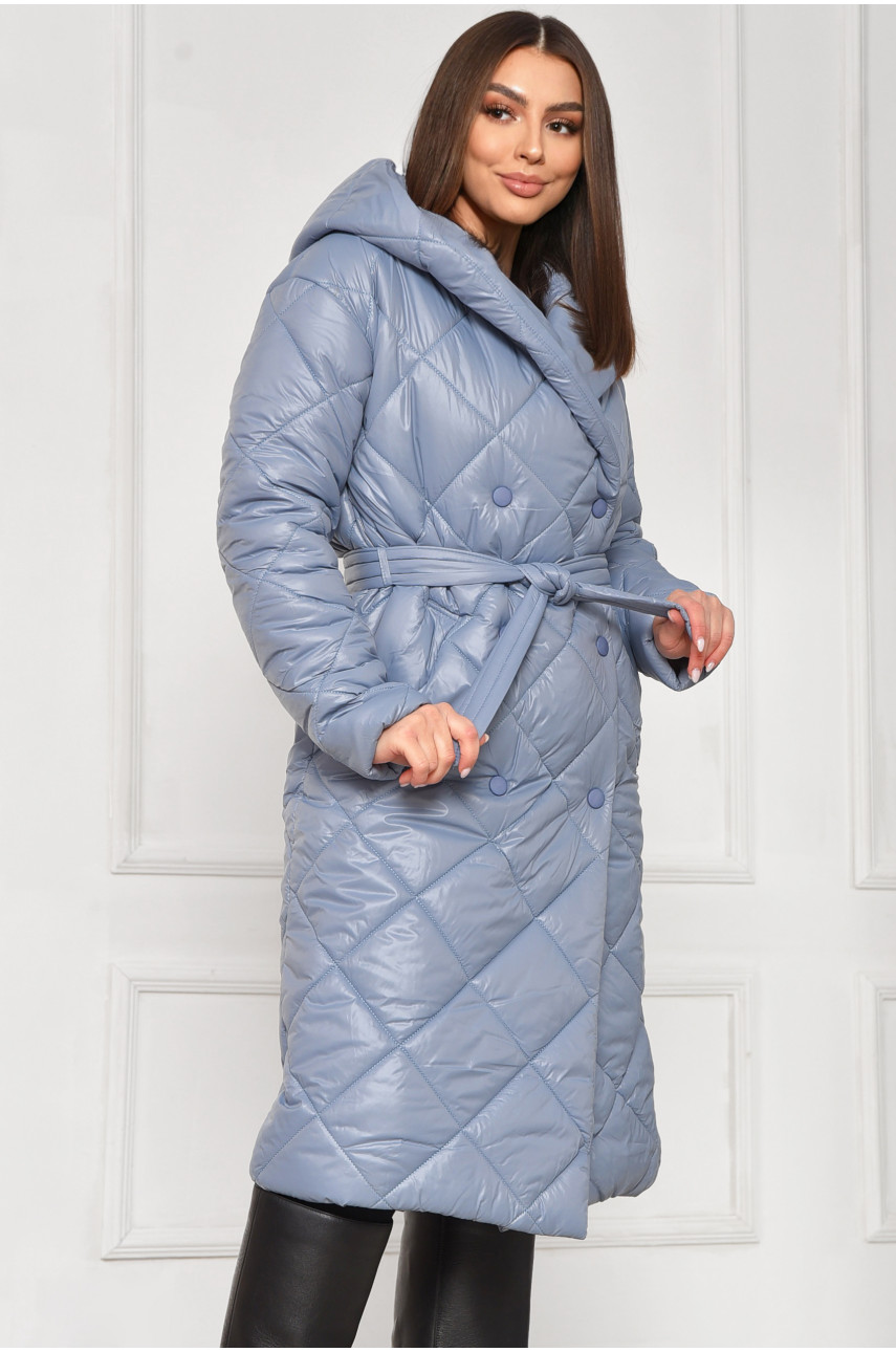 Куртка жіноча подовжена демісезонна блакитного кольору з капюшом 330 209529