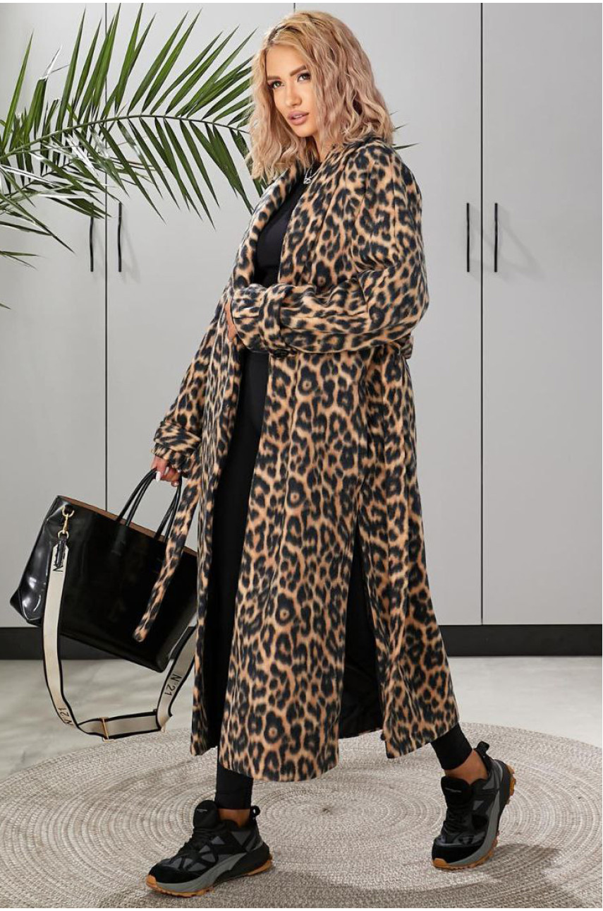 Пальто женское черного цвета с леопардовым принтом 134 209598