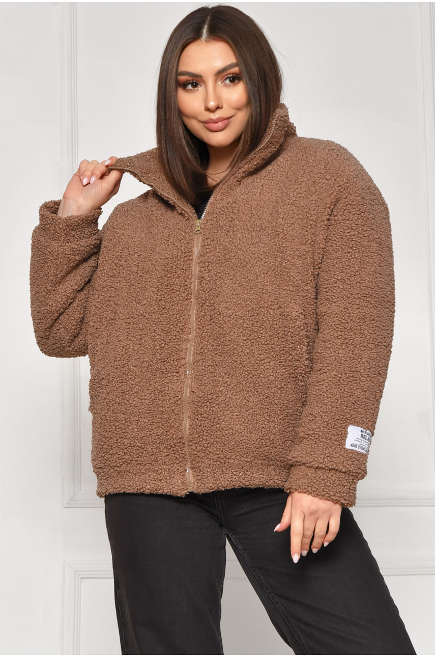 Куртка женская тедди демисезонная тёмно-бежевого цвета 129 209604