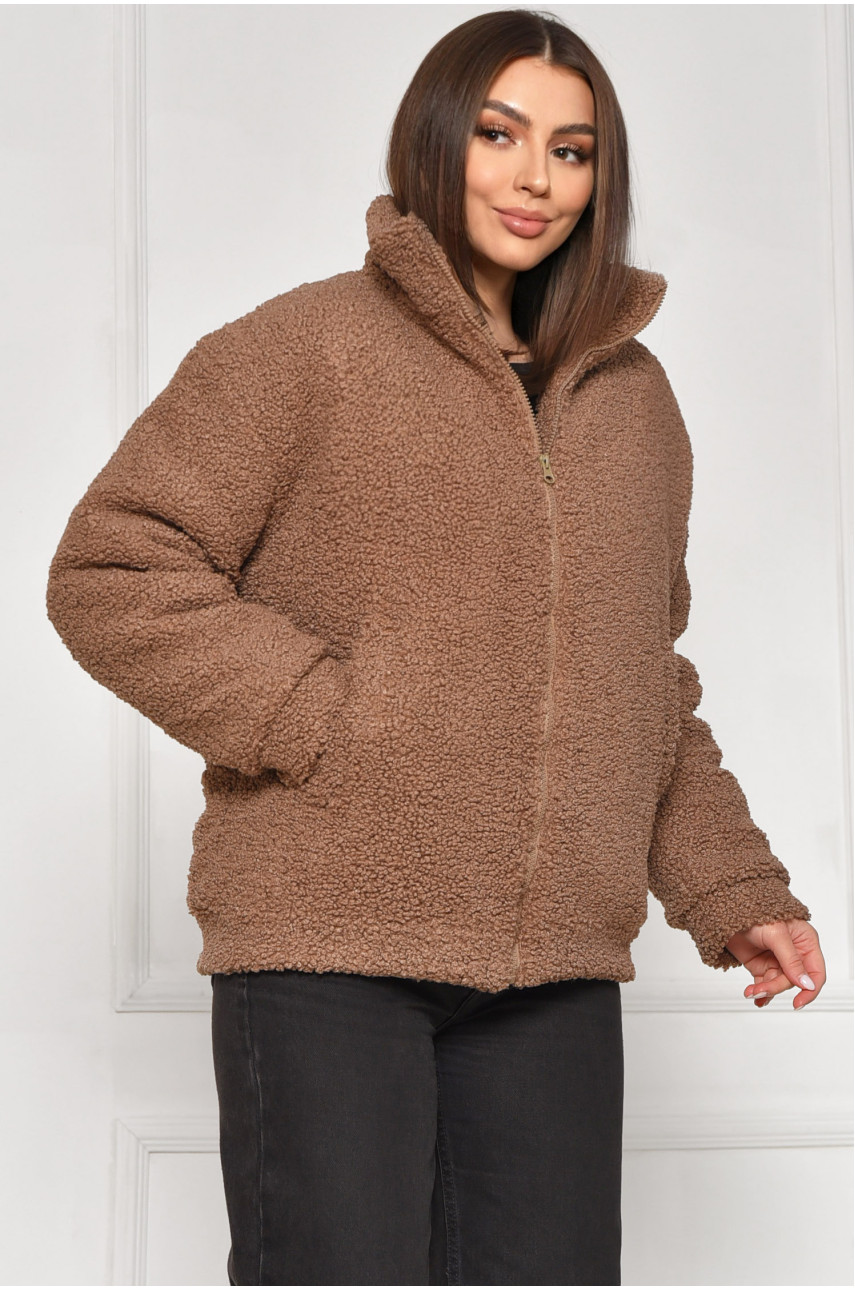 Куртка женская тедди демисезонная тёмно-бежевого цвета 129 209604