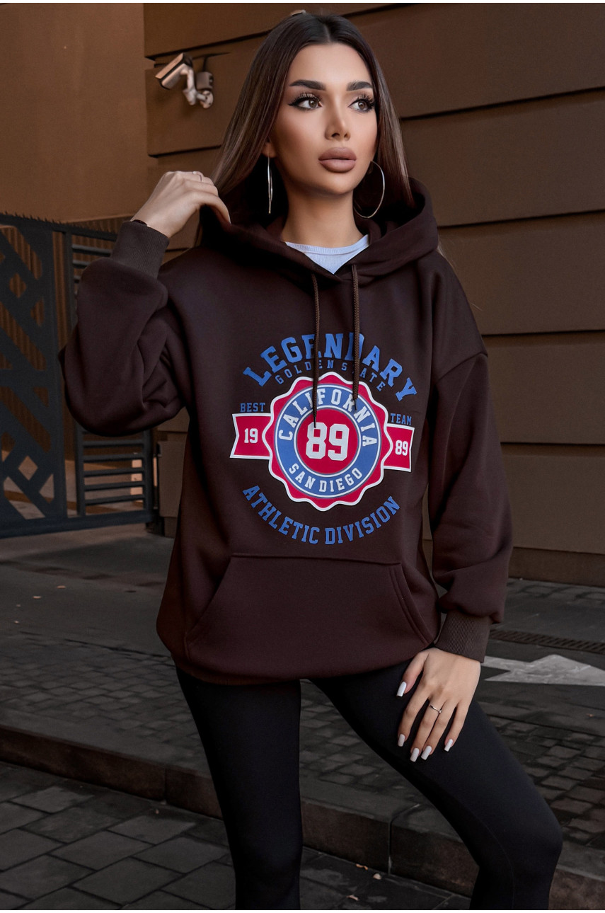 Худи женское на флисе тёмно-коричневого цвета с принтом 5011 209624